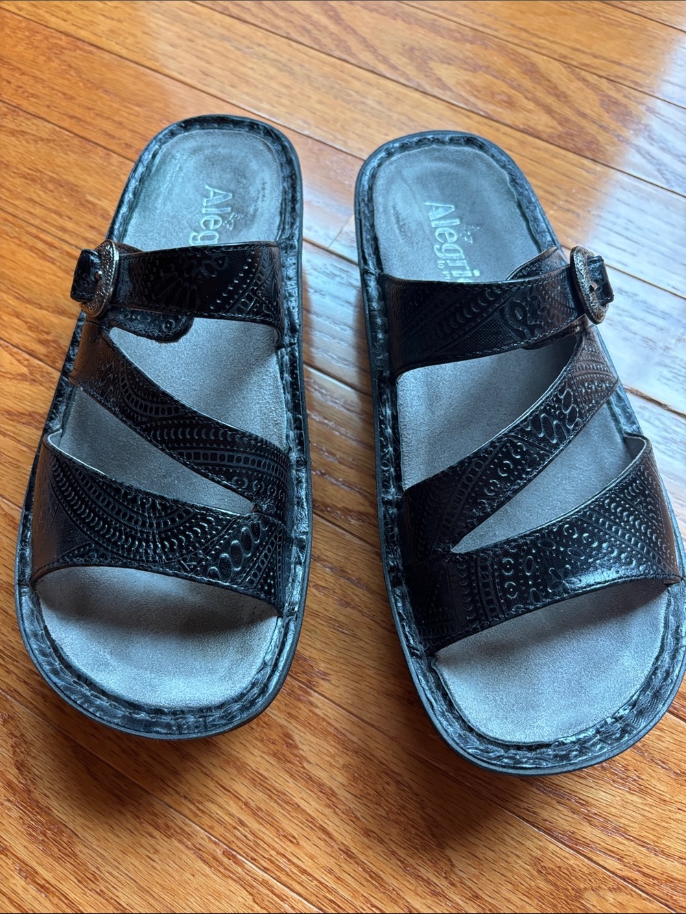 Alegria Black Leather Triple-Strap Slide Sandals
